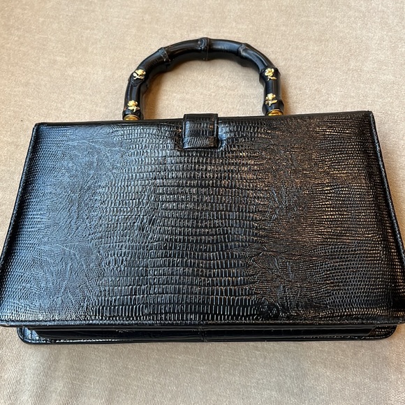 Rosart Vintage Satchel Black Handbag Embossed Croc & Handel with Gold Roses - Picture 3 of 16